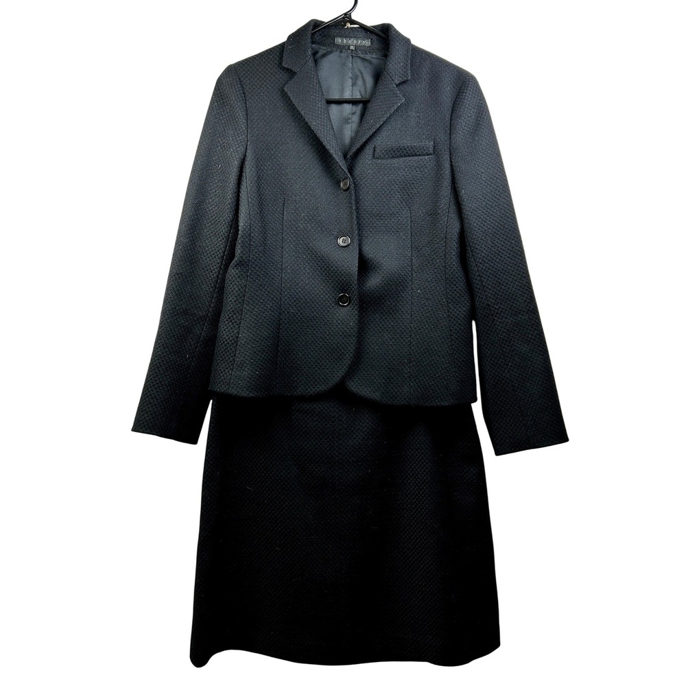 Theory Wool Blazer Skirt Suit Woman‎ 8 Black USA Tailored Career Minimalist Chic